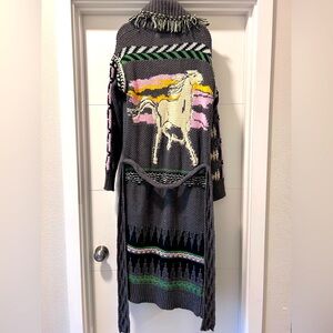 Zadig et Voltaire wool coat with fringe sleeves and horse motif on back.